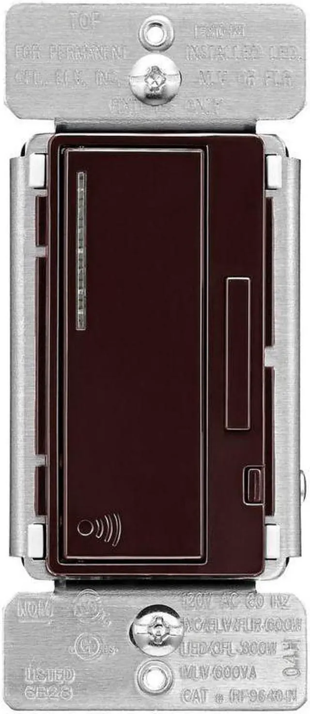 Main image of Eaton RF9640-NDB Z-Wave Plus Universal smart Dimmer, Decorator Brown, single pole, 3-way, 120V, Dimmable seven step blue LED display alongside pushpad indicates light level