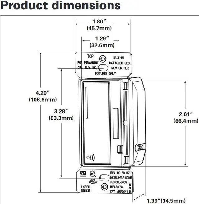 Alt view image 2 of 5 - Eaton RF9640-NDB Z-Wave Plus Universal smart Dimmer, Decorator Brown, single pole, 3-way, 120V, Dimmable seven step blue LED display alongside pushpad indicates light level