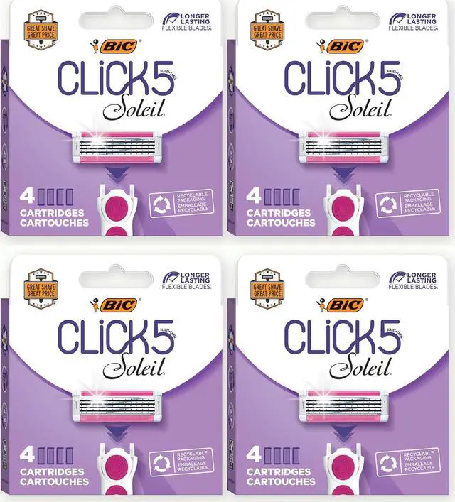 Main image of (4 packs) BIC Click 5 Soleil Women's Razor Refills with 5 Flexible Blades and Recyclable Box, Pink, 16 cartridges in total (four boxes of four)