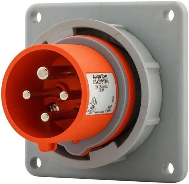 Alt view image 3 of 4 - Eaton Arrow Hart AH420B12W Pin and Sleeve Inlet, Orange, IP69K Rated, #12-#10 AWG, 20A, Extra Heavy-Duty, 125/250V, Three Pole, Four Wire
