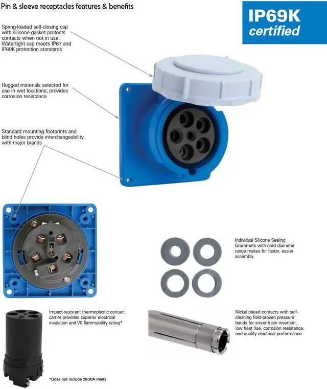 Alt view image 3 of 3 - Eaton Arrow Hart AH530R5W Pin and Sleeve Receptacle, 30 Amp, 4 pole 5 Wire, 600V, Black, IP69K, IP67