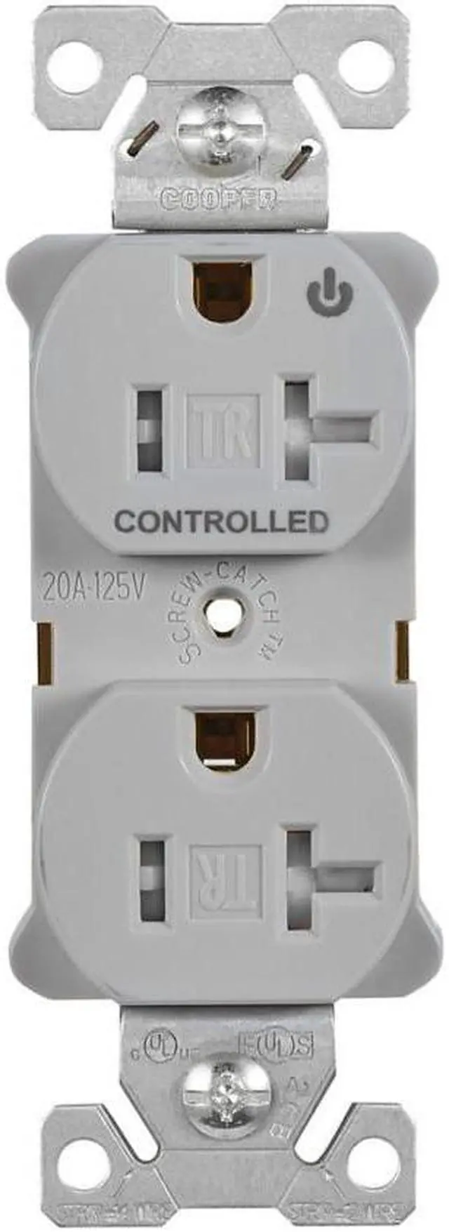 Main image of Eaton TR5362CHGY Heavy Duty Industrial Specification Duplex receptacle, Half Control, 20 Amp, Tamper Resistant, Auto Grounding, GRAY, 2 Pole 3-Wire, 125V