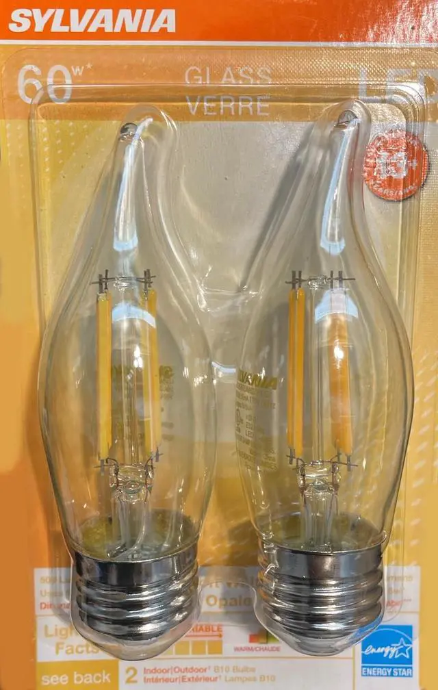 Main image of (2 bulbs) Sylvania Glass LED, B10 Light Bulb, 60 watt equivalent, 2700K Soft White Filament, Clear, Medium Base, LED Light Bulb