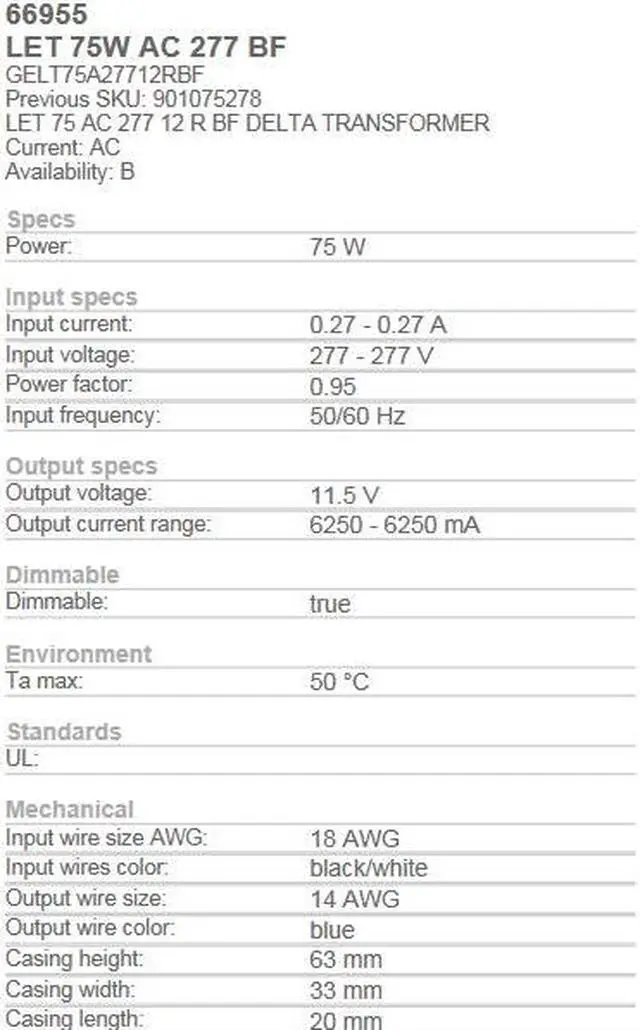 Alt view image 4 of 4 - GE LighTech 66955 LET-75-AC-277-R-BF, Halogen Transformer 75 watt electronic transformer, 12V, 277V input, bottom feed