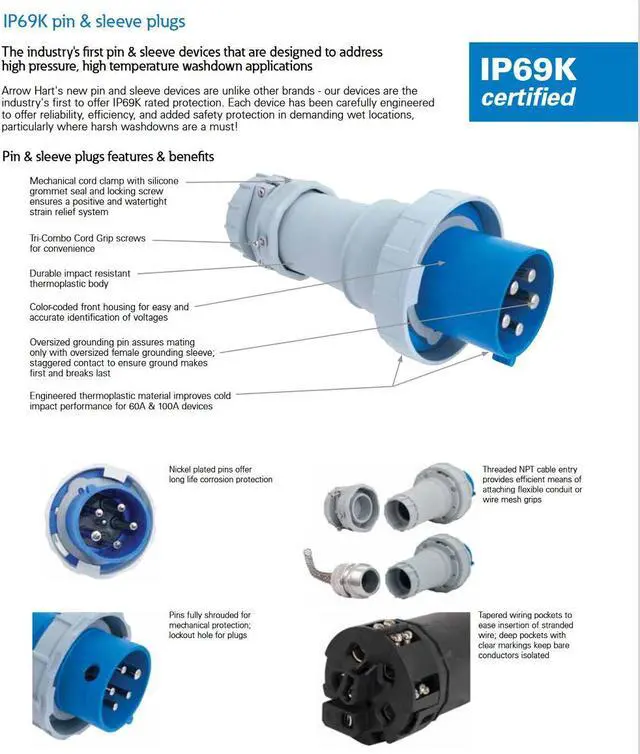 Alt view image 5 of 6 - Eaton Arrow Hart AH530P5W Pin and Sleeve plug, 30A, 4-Pole, 5-Wire, 600V, Black, IP69K, IP67