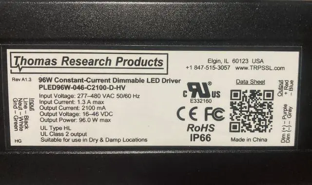 Alt view image 2 of 3 - Hubbell Thomas Research Products 96 watt LED Driver PLED96W-046-C2100-D-HV Constant Current, Flicker Free, 277-480V, Hazardous Location Rated