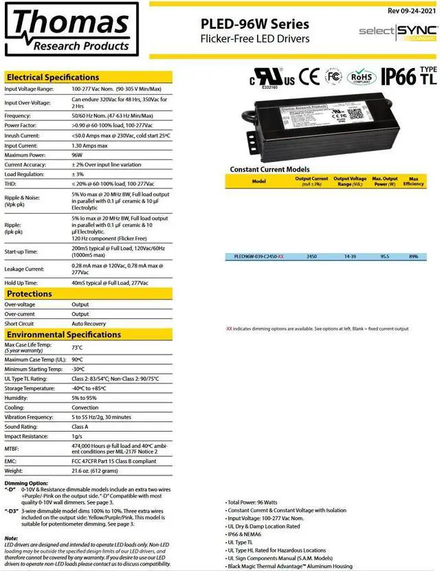 Alt view image 3 of 3 - Hubbell Thomas Research Products PLED96W-039-C2450-D LED Driver, constant current 96 watt, Aluminum housing, HL Rated, Dry and Damp Rated