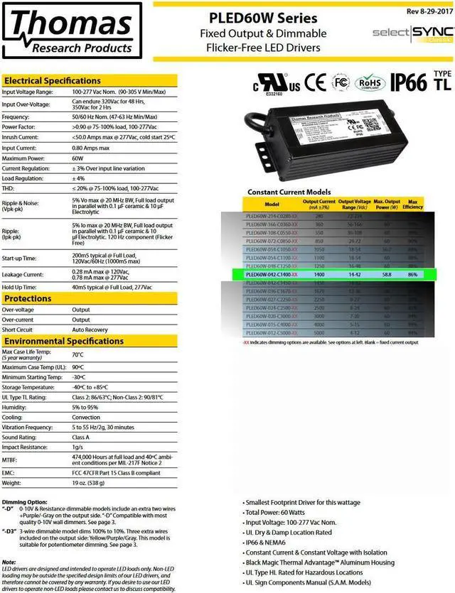 Alt view image 3 of 4 - Hubbell Thomas Research Products LED Driver, Constant Current, Dimmable PLED60W series, PLED60W-042-C1400-D