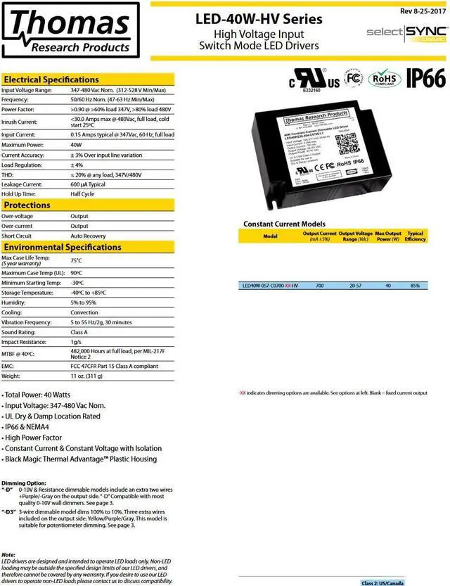 Alt view image 3 of 3 - Hubbell Thomas Research Products  LED 40W-057-C0700-D-HV High Voltage Constant Current Driver, dimmable