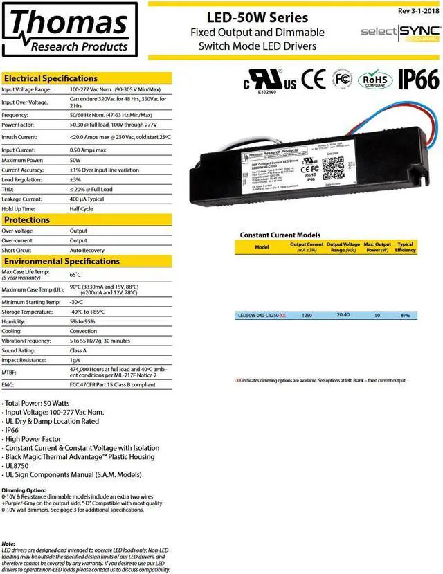 Alt view image 3 of 3 - Hubbell Lighting Thomas Research Products LED50W-040-C1250-D constant current, 1250ma, dimmable, 50 watts