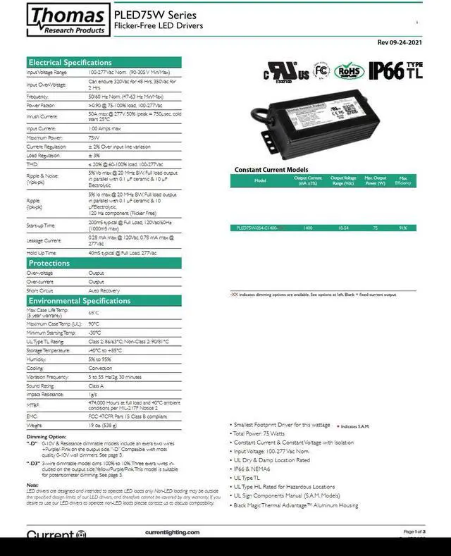 Alt view image 3 of 3 - Hubbell Thomas Research Products PLED75W-054-C1400-D Constant Current Driver, dimmable, Flicker-Free