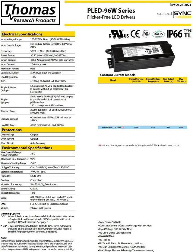 Alt view image 3 of 3 - Hubbell PLED96W-027-C3500-D Constant Current LED Driver, dimmable, HL rated for Hazardous Location, Aluminum housing