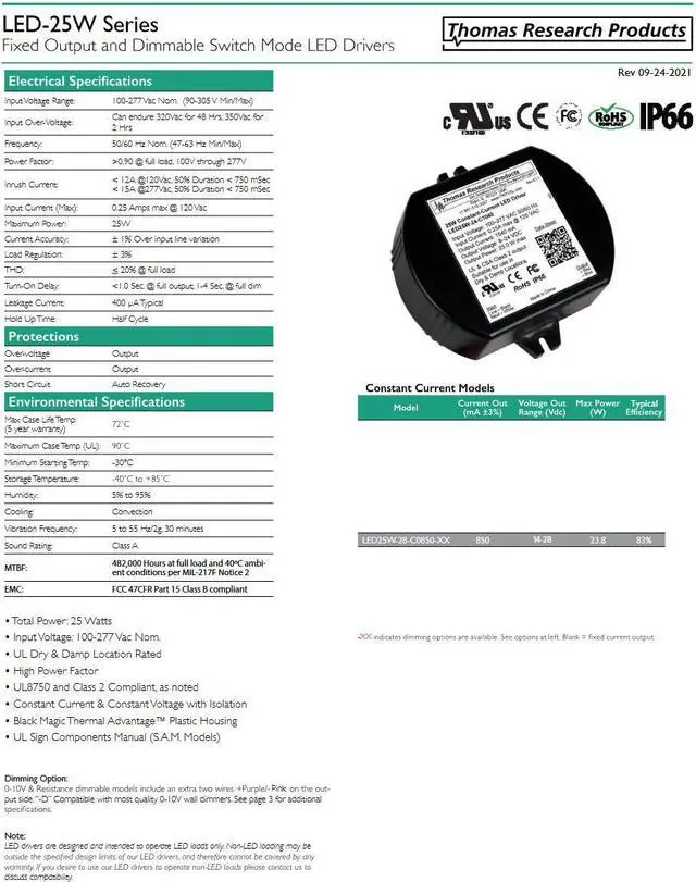 Alt view image 2 of 2 - Hubbell Thomas Research Products LED25W-28-C0850-D Constant Current LED Driver, Dimmable, 25 watts, High Power Factor