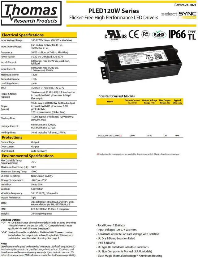 Alt view image 2 of 3 - Hubbell Thomas Research Products PLED120W-043-C2800-D Constant Current 120W LED Driver Flicker Free High Performance HL Hazardous Location Rated