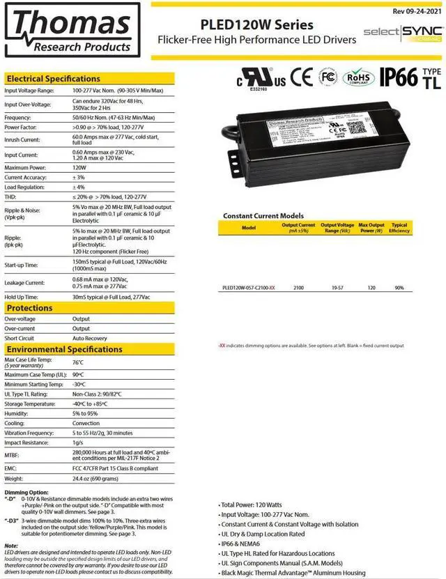 Alt view image 2 of 3 - Hubbell Thomas Research Products PLED120W-057-C2100-D Flicker Free High Performance Constant Current LED Driver 120W Series
