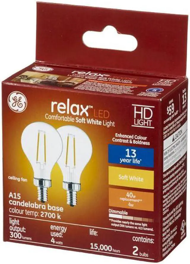 Alt view image 2 of 4 - (2 bulbs) GE Relax HD Soft White 4 watt LED Clear Ceiling Fan Candelabra Base A15 Light Bulbs, 40 watt replacement, Dimmable