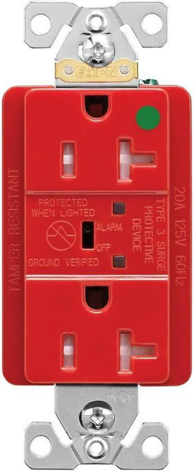Main image of Eaton Wiring TR8362RDS 20 Amp Surge Protection Receptacle with Audible Alarm and LED Indicators, Red, Hospital Grade Tamper Resistant,