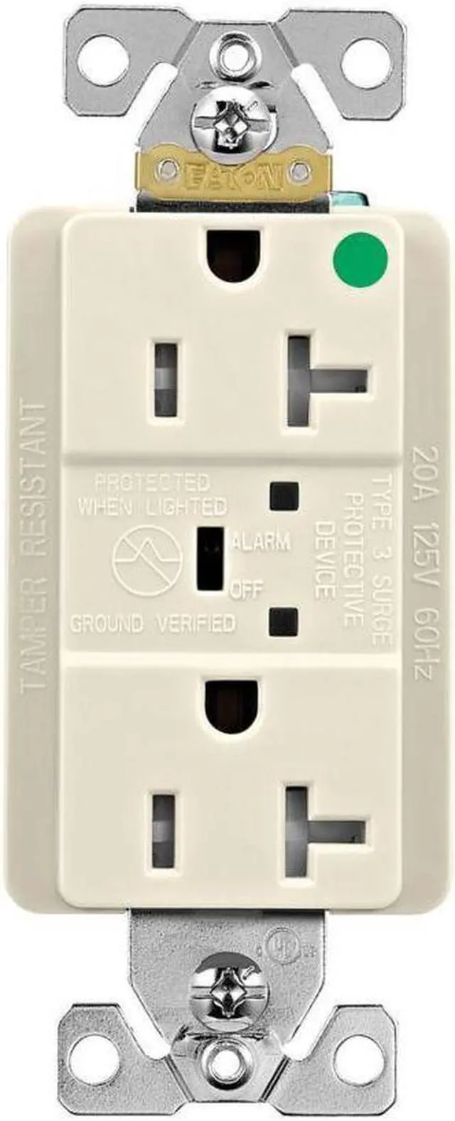 Main image of Eaton TR8362LAS 20 Amp Surge Protection receptacle, Hospital Grade, Tamper Resistant, w/ Audible alarm and LED indicators, Light Almond, 2 pole, 3-wire, grounding, 125V, Back and Side Wire