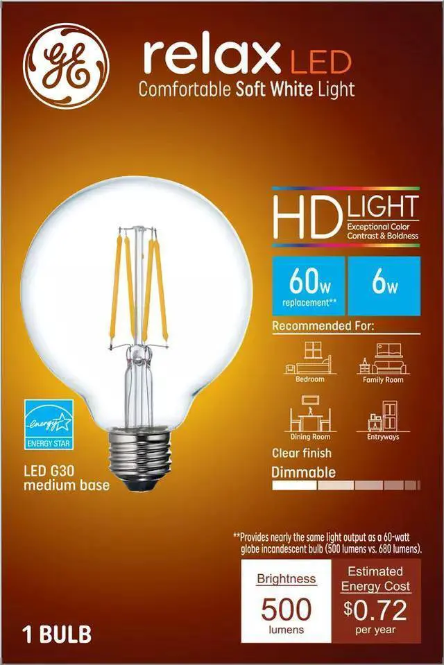 Main image of GE relax HD LED G30 Globe, Soft White, 6 watt, 500 lumens, medium base, dimmable Decorative Clear LED Light Bulb (1 Pack)