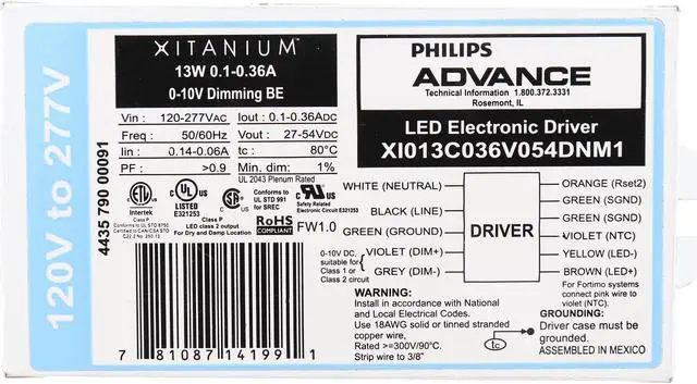 Main image of Advance XI013C036V054DMNM1 Xitanium 0-10V Dimming LED Driver, 13W, 27-54Vdc, 120-277V