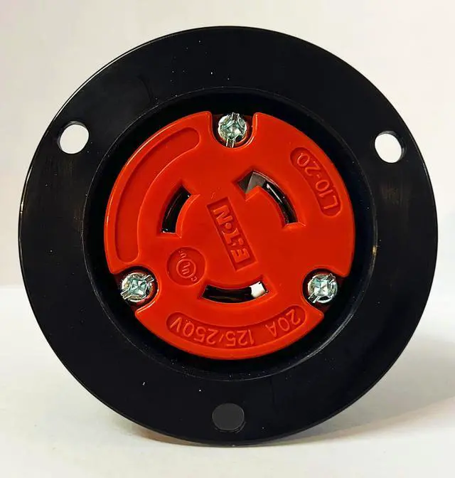 Main image of Eaton Arrow Hart AHCL1020FO Color Coded Locking Flanged Outlet, Orange & Black, Ultra Grip, Three-pole, Three-wire 20 Amp 125/250V