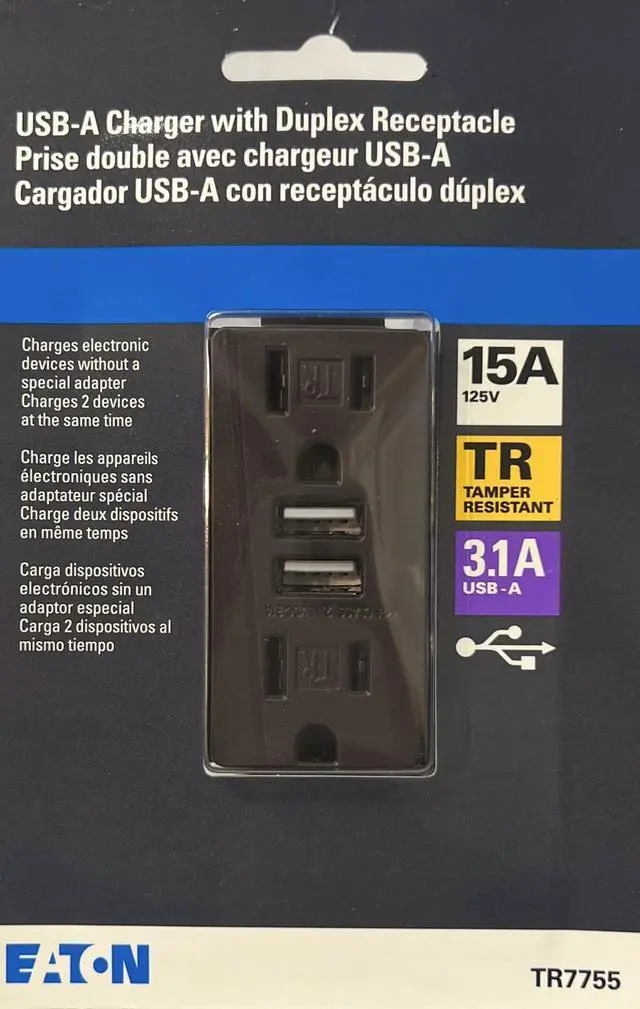 Alt view image 5 of 7 - Eaton TR7755RB Combination USB Charger With TR Duplex Receptacle, 125 VAC, 15 Amp, 125V, 3.1A USB-A, Oil Rubbed Bronze Color