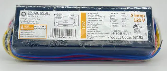Alt view image 2 of 2 - GE Lighting 68192 Magnetic Ballast, GEM220TS120/2-DIY, 2 lamp 120V ballast, 60 Hz, use with 20/15/15 watt lamps