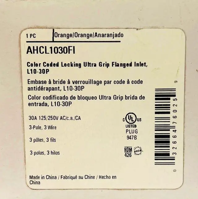 Alt view image 3 of 3 - Eaton Arrow Hart AHCL1030FI Color Coded Locking Flanged Inlet, Orange and Black, #14-#8 AWG. 30 Amp, 125/250V, 3-pole, 3-wire, Ultra Grip, Nylon