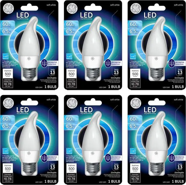 Main image of (case of 6) GE Lighting 36748 Dimmable LED Chandelier Bulb, 6.5-watt, 500-Lumen, Soft White, Bent-tip Decorative Light Bulb with Medium Base