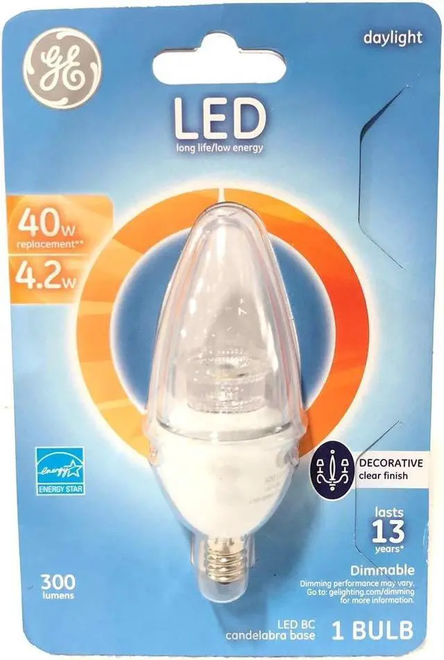 Alt view image 2 of 3 - (pack of 6 bulbs) GE 37152 LED Decorative Light Bulb, Candle shape, Candelabra base, Daylight, 4.2 watt LED Light Bulb