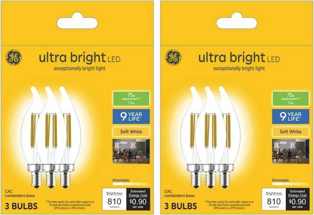 6 bulbs GE ultra bright LED 75 Watt equivalent Soft White Chandelier Light Bulb Candelabra Base Dimmable 7.5 watt 810 lumen LED ultrabright bent tip clear Decorative bulb Newegg
