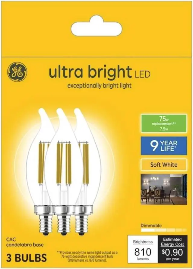 Main image of (3 bulbs) GE ultra bright LED 75-Watt equivalent, Soft White Chandelier Light Bulb, Candelabra Base, Dimmable, 7.5 watt, 810 lumen LED ultrabright, bent tip, clear Decorative bulb