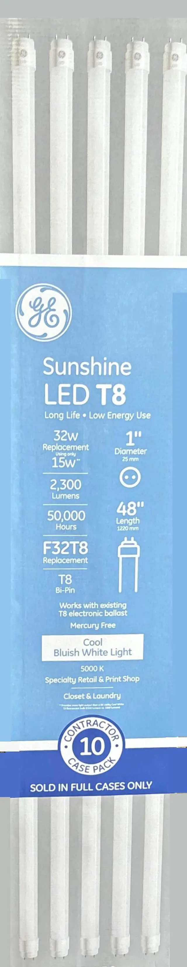 Main image of (case of 10 tubes) GE Lighting 30609 Sunshine LED Tube 48 inch T8, 15 watt, 2300 lumen, 5000K Daylight, Type A Plug and Pay replacement for 4ft T8 Fluorescent Lamp