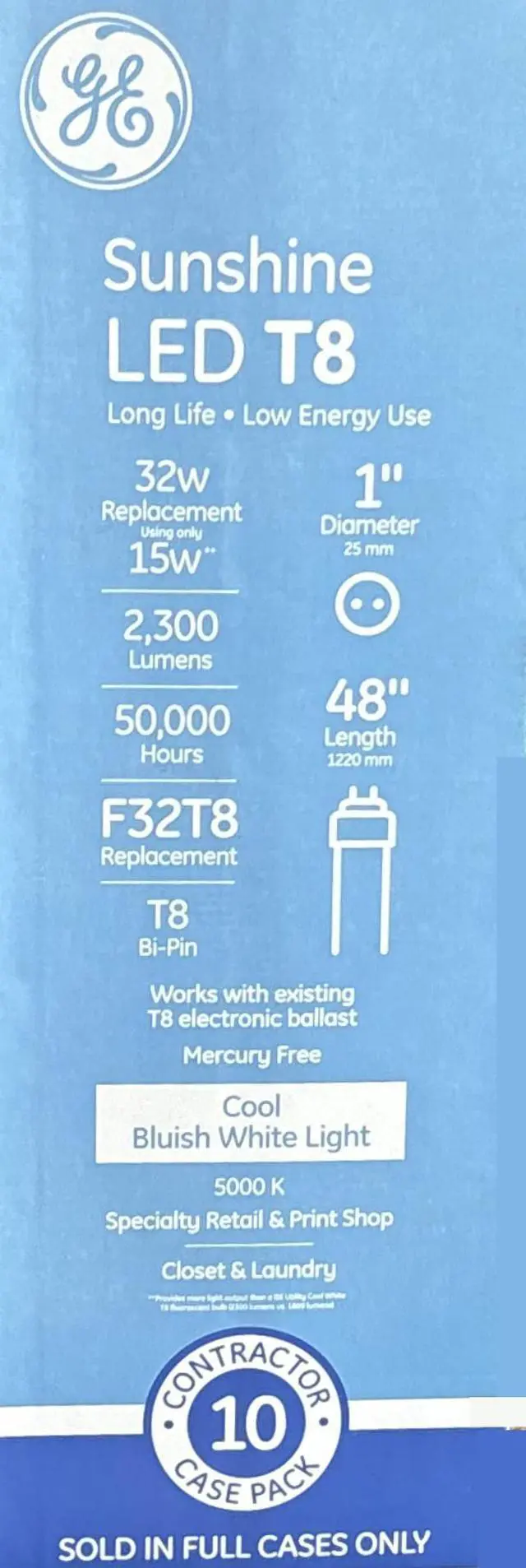 Alt view image 3 of 6 - (case of 10 tubes) GE Lighting 30609 Sunshine LED Tube 48 inch T8, 15 watt, 2300 lumen, 5000K Daylight, Type A Plug and Pay replacement for 4ft T8 Fluorescent Lamp