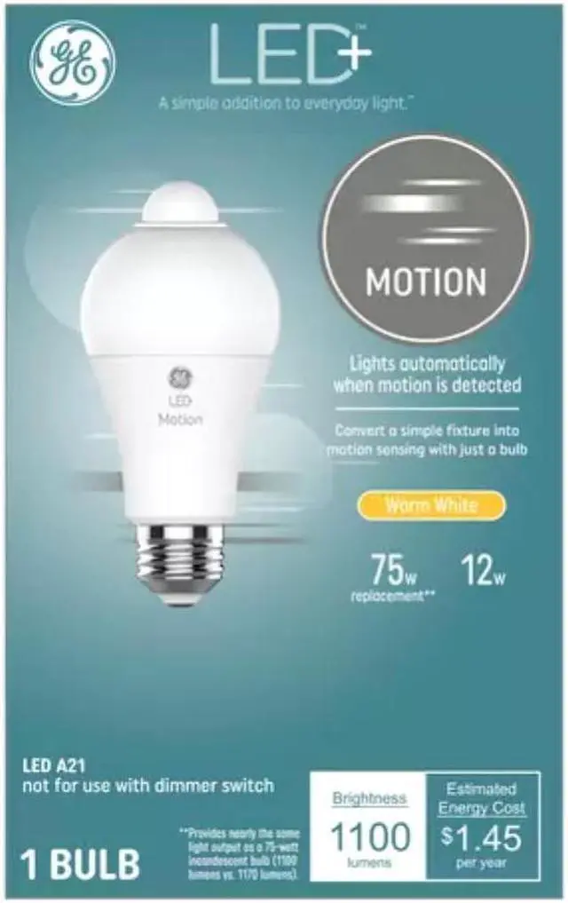 Main image of GE LED+ Motion Sensing LED Light Bulb, 12 watts, 1100 lumens, 75 watt replacement, warm white, lights automatically when motion is detected, LED A21 Light Bulb
