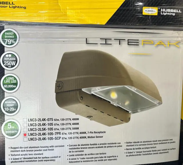 Alt view image 3 of 3 - Hubbell Litepak LNC3 LED wallpack 87 watt, 7400 lumen, 4000K, 7 pin receptacle, corrosion resistant dark-bronze powder coat finish, 120-277V, LNC3-2L4K-105-7PR