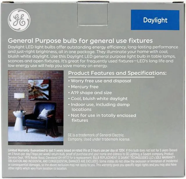 Alt view image 2 of 3 - (2 bulbs) GE classic LED A19 Daylight Bulbs, 15 watts, 1600 Lumens  , HD Light, Exceptional color contrast and brightness, 100 watt equivalent, LED light bulb