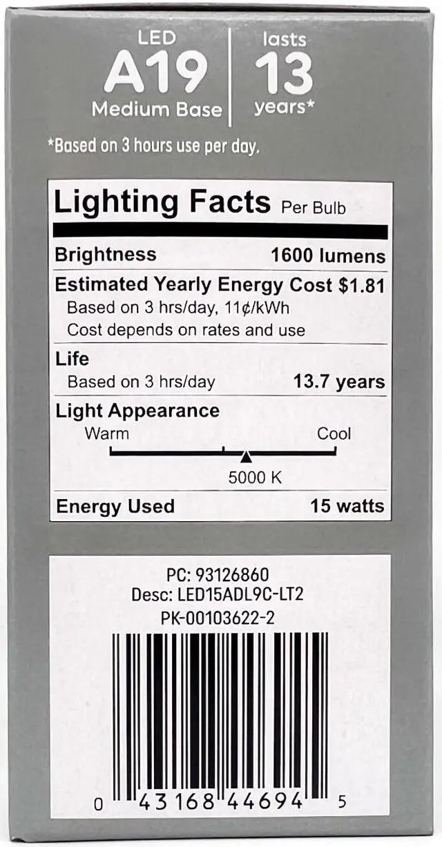 Alt view image 3 of 3 - (2 bulbs) GE classic LED A19 Daylight Bulbs, 15 watts, 1600 Lumens  , HD Light, Exceptional color contrast and brightness, 100 watt equivalent, LED light bulb