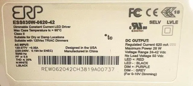 Alt view image 2 of 2 - ERP ESS030W-0620-42 LED Power Supply 120-277 Vac, 87% eff, Rectangular Plastic Case, Forward/Reverse Phase & 0-10V dimming, 1-100% dim Range, 26.0 W max, 620 mA Iout, 42 V max Vout