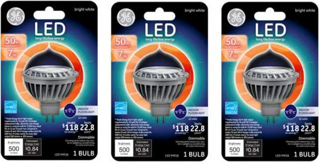 Main image of (3 bulbs) GE Lighting 93095551 LED Flood Light Bulb, Bright White, Clear, MR16, 500 Lumens, 7 Watts