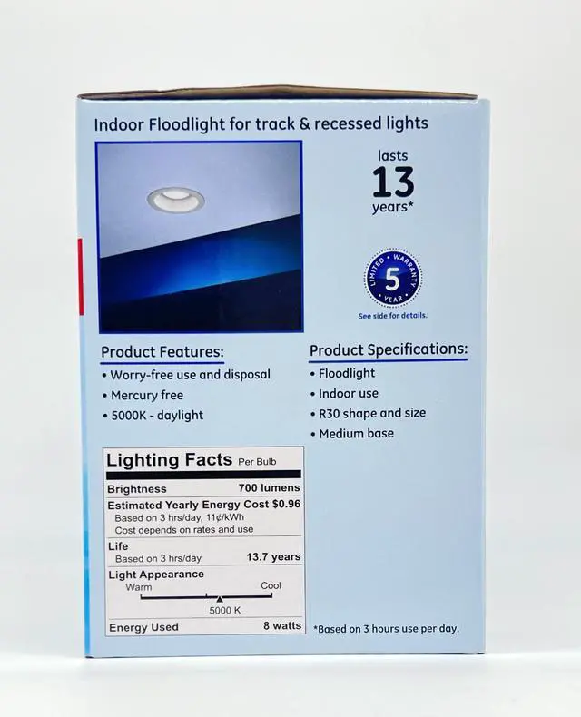 Alt view image 3 of 3 - (4 bulbs) GE 43171 LED daylight BR30 8 watt = 65 watt replacement, Dimmable, 700 lumens,