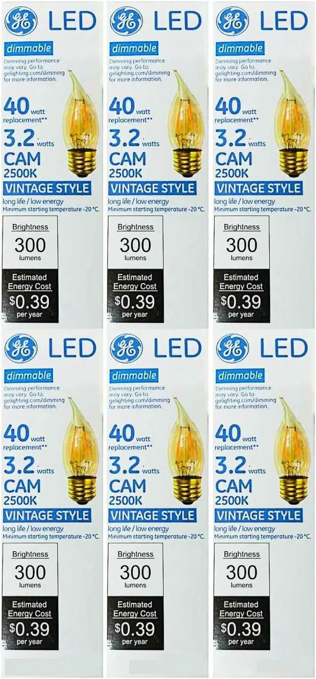 Main image of (6 pack) GE 75914 Vintage Style LED 40 watt equivalent Decorative CAM bulb candle shaped LED bulb