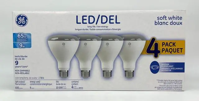 Main image of (4 pack) GE 29913 soft white LED 65 watt equivalent BR30 LED light bulb, 9 watt, 650 lumens, soft white