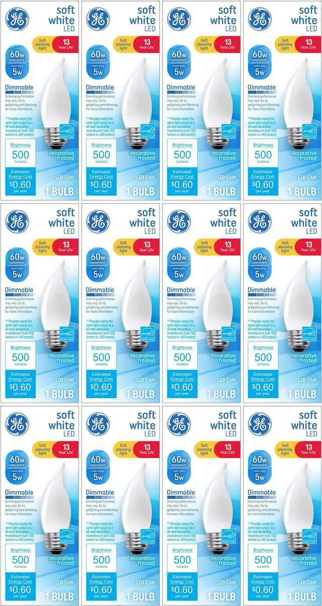 Main image of (case of 12) GE Soft White LED Chandelier Candle Bulb, 5 watt, 500 lumen, medium base, dimmable, frosted, bent tip, decorative LED CAM bulb, 60 watt equivalent