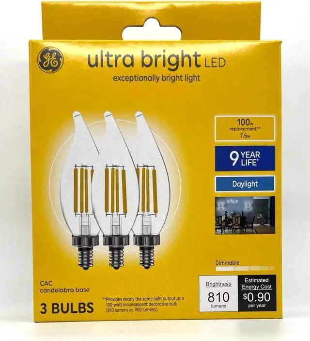 Alt view image 2 of 3 - GE ultra bright LED 100 watt equivalent CA12 Daylight Dimmable Decorative Candle Light Bulb (3 pack)