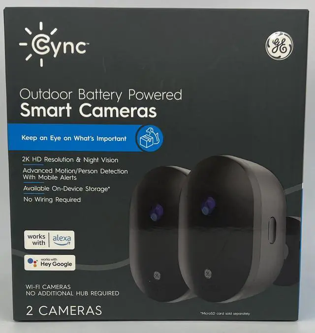 Main image of (2 cameras) GE Cync Outdoor Battery Powered Smart Wi-Fi Camera, 2K HD Resolution & Night Vision, Motion/person detection with mobile alerts, Wireless, works with Alexa and Hey Google