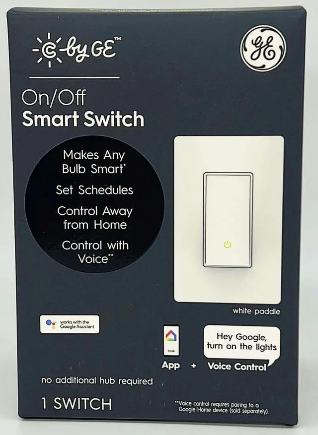 Main image of GE Smart Light Switch, Paddle Style, Neutral Wire Required, Bluetooth and 2.4 GHz Wi-Fi 4-Wire Switch, Works with Alexa and Google (1 Pack)