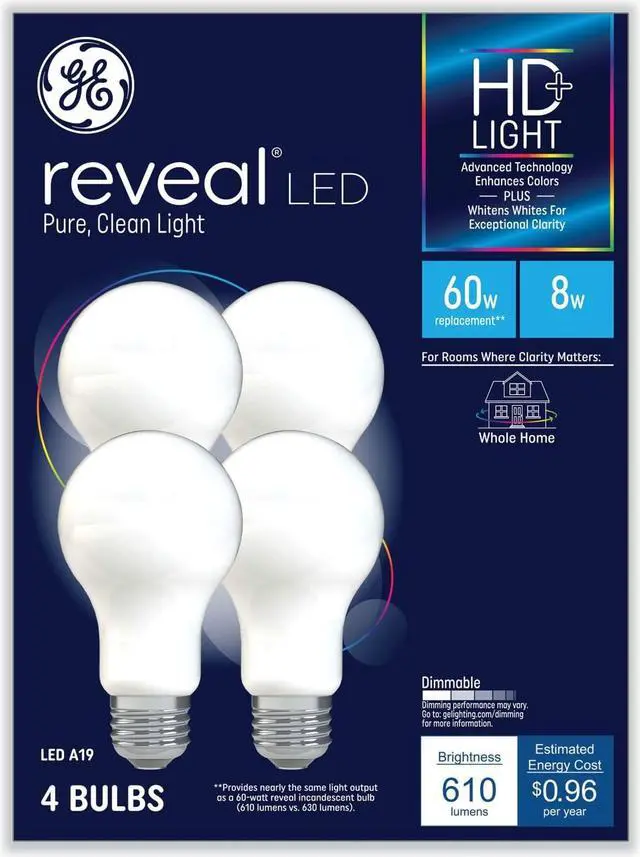 Main image of (4 bulbs) GE Reveal HD+ Led A19 Light Bulb, 8 watt, 610 lumen, Dimmable, Enhanced Colors, best light