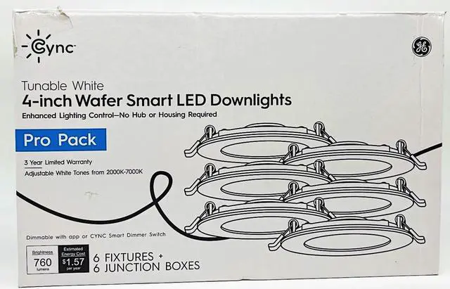 Main image of (case of 6) GE Lighting Cync Pro Pack 4 inch wafer Smart LED Downlights, Adjustable white tones 2000-7000K, 760 lumens, no hub or housing required, Dimmable with Cync App or Cync Smart Switch