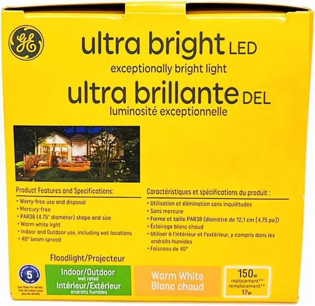 Alt view image 2 of 4 - GE ultra bright LED PAR38 floodlight, warm white, 1500 lumens of brilliance, 17 watts, Indoor-Outdoor, wet rated, Dimmable, medium base LED flood light
